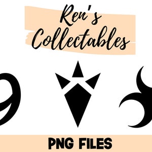 May include: Three black and white graphic designs, a swirl, a diamond shape, and a three-pointed star. The text "Ren's Collectables" and "PNG FILES" are also included in the image.