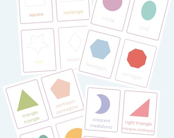 Shape Flashcards Four Ways | Tracing | Spanish | French | Montessori | Toddler Preschool Activity | Early Education | Dual Language