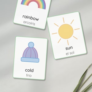 12 cartes météo imprimables espagnol + anglais | Flashcards préscolaire | Montessori | Activité pour tout-petits | Éducation précoce | Double langage