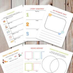 May include: A set of printable worksheets for kids to use with their favorite book. The worksheets include activities like identifying important moments, sequencing the story, finding nouns, and comparing characters.