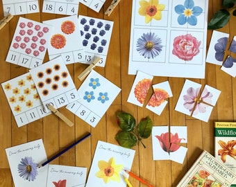Può includere: Un set di attività educative a tema floreale per bambini, che include carte di conteggio, puzzle e suggerimenti di disegno a tema floreale. Le carte presentano illustrazioni colorate di vari fiori, come margherite, tulipani e narcisi. I puzzle sono puzzle di fiori in tre pezzi e i suggerimenti di disegno incoraggiano i bambini a disegnare la metà mancante di un fiore.