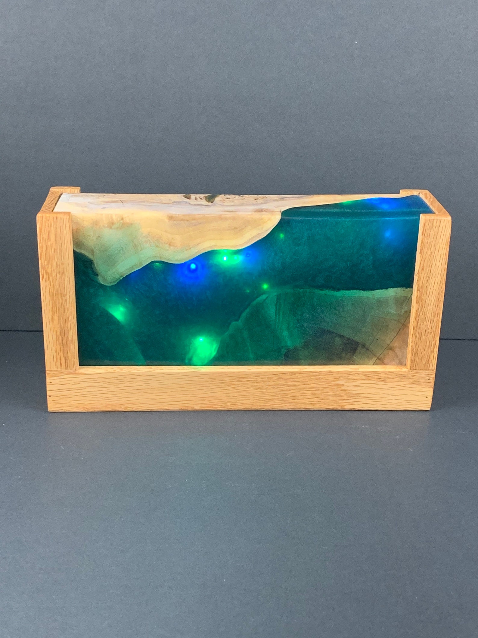 Custom wood and epoxy resin battery powered LED lamp