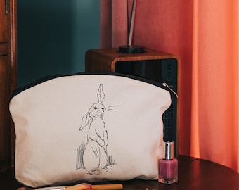 Illustrated rabbit make up cosmetic bag - cotton zip pouch - toiletries bag - animal gifts