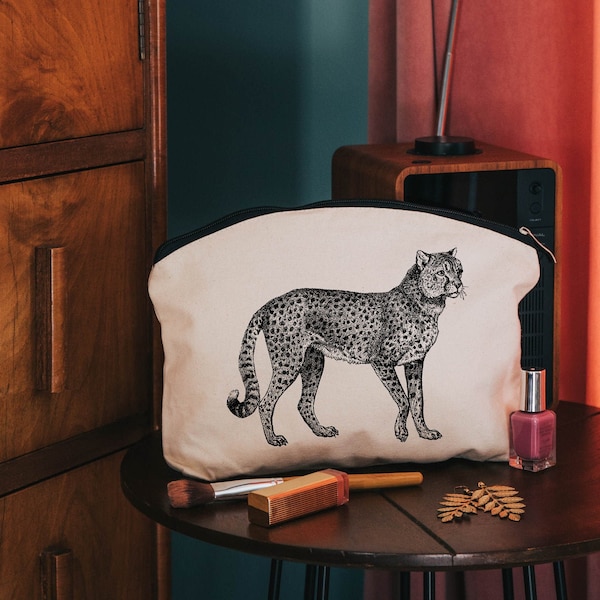 Cheetah make up cosmetic bag - cotton zip pouch - toiletries bag - animal gifts