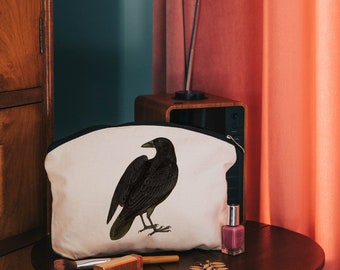 Black bird make up cosmetic bag - cotton zip pouch - toiletries bag - bird gifts