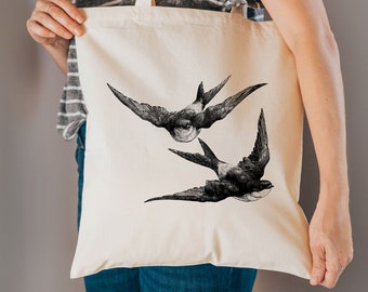swallows bag - cotton reusable bag - material shopping bag - bird gifts - gift for her