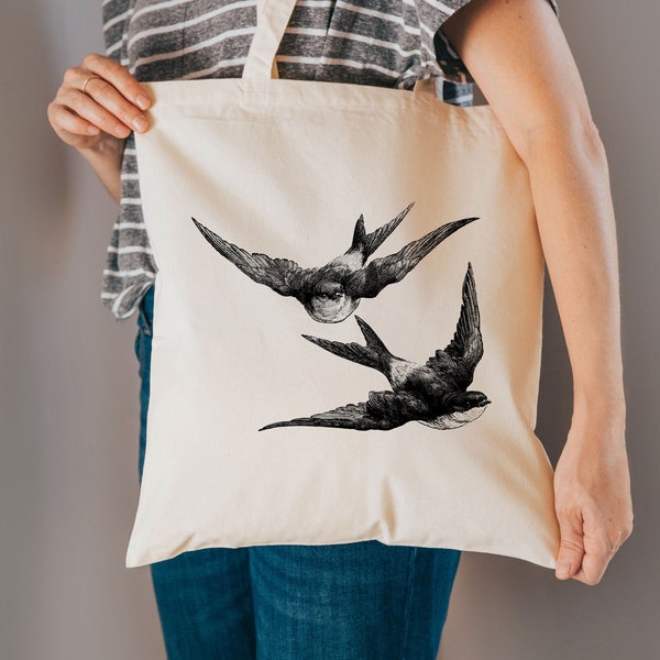 swallows bag - cotton reusable bag - material shopping bag - bird gifts - gift for her