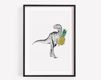 Dinosaur with  pineapple  print, picture, illustration, wall decor, A4, A3