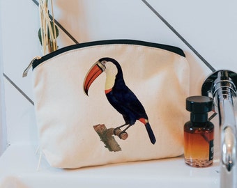 Toucan make up cosmetic bag - cotton zip pouch - toiletries bag - bird gifts