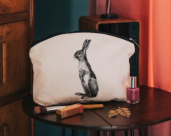 Standing hare make up cosmetic bag - cotton zip pouch - toiletries bag - animal gifts