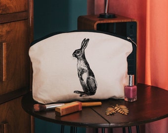 Standing hare make up cosmetic bag - cotton zip pouch - toiletries bag - animal gifts