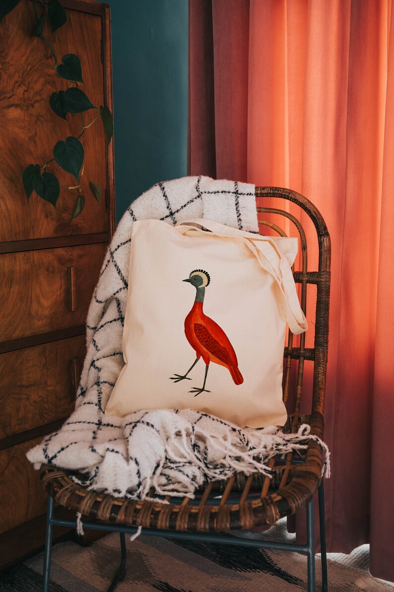 Red tropical bird Bag bird gifts cotton reusable bag fabric shopping bag image 2