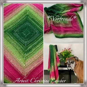 Op de afbeelding: Een groen, roze en wit gebreid deken met de tekst "*Vorfreude*" en "Arbeit: Christine Lauber".
