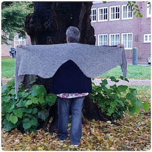 May include: A gray and white knitted shawl with a scalloped edge. The shawl is draped over the shoulders of a person standing in front of a tree.