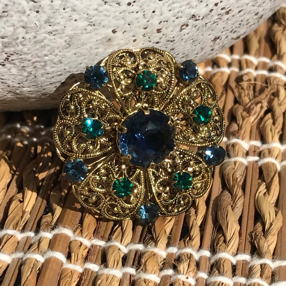 Antique Czech Rhinestone Gold Blue And Green Broo… - image 4
