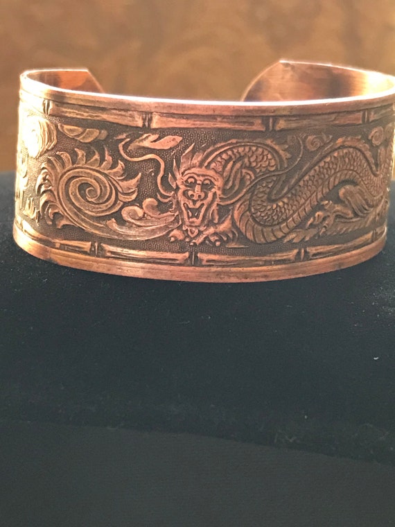 Vintage Etched Asian Dragon Copper Cuff Bracelet - image 10