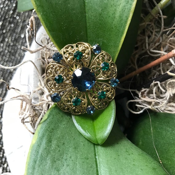 Antique Czech Rhinestone Gold Blue And Green Broo… - image 1