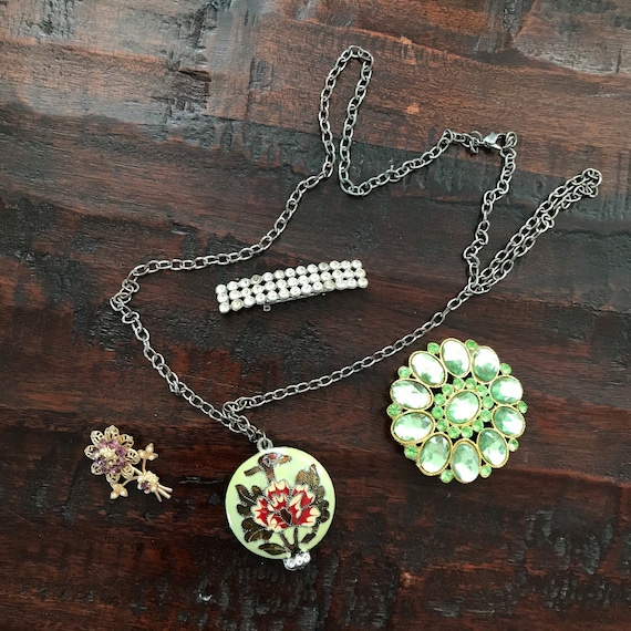 Vintage Jewelry Lot Cloisonné Necklace and Three … - image 1