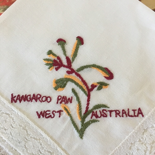 Vintage West Australia kangaroo paw 12” cotton handkerchief trimmed with lace.