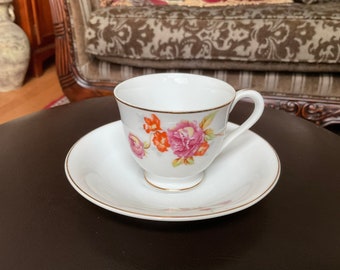 JYOTO Roses China Made in Occupied Japan Little Teacup and Saucer Demitasse Size Gold Trim