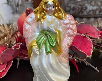 Vintage Hand Blown Angel Christmas Ornament Gold Hair Pink Wings Green & White Ex Cond 5.5” Tall