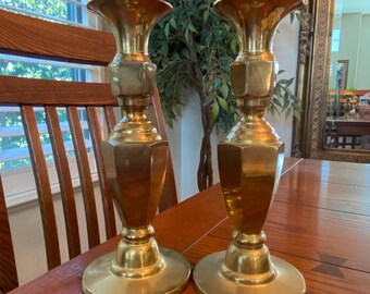 Vintage 1960’s Brass 9” Tall Pair of Candlesticks in Very Good Condition Nice Patina