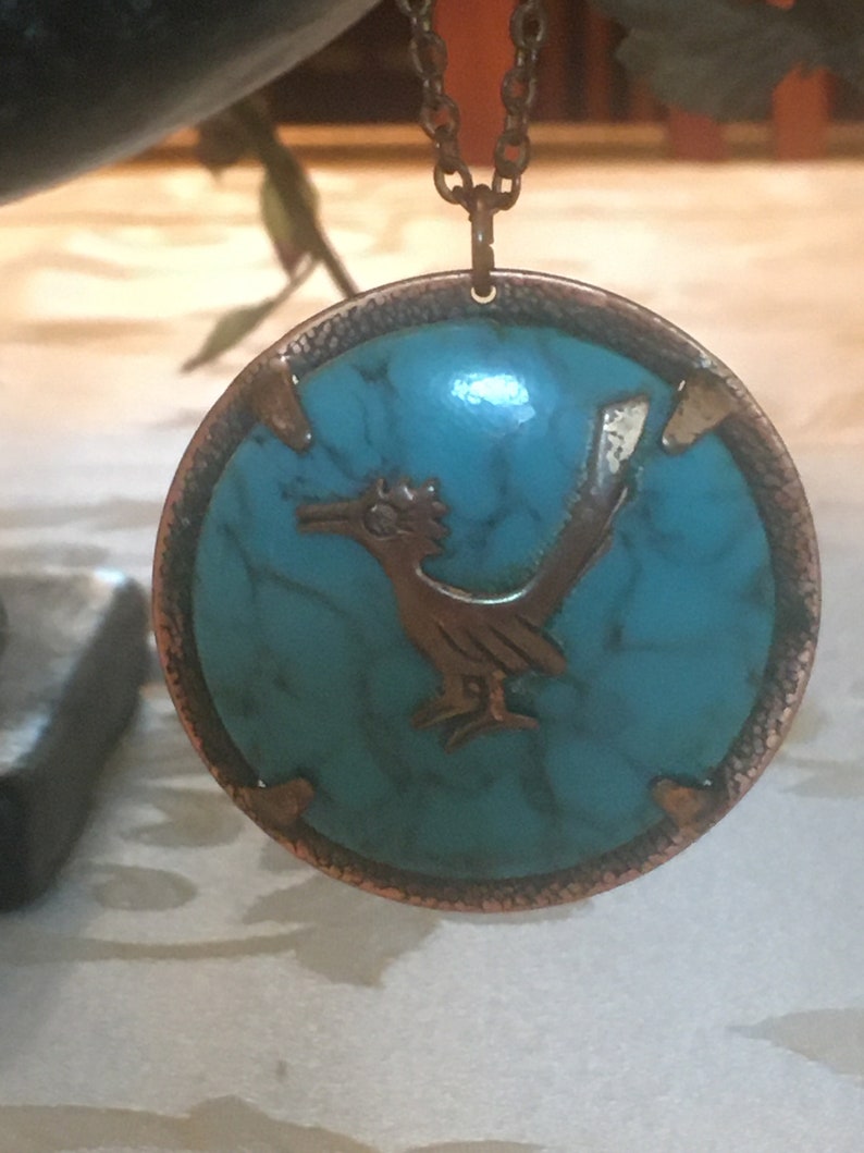 Vintage copper faux turquoise with roadrunner tourist necklace southwestern 22\u201d chain