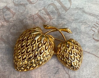 Vintage Gold Tone Double Strawberry Brooch Pin 2”