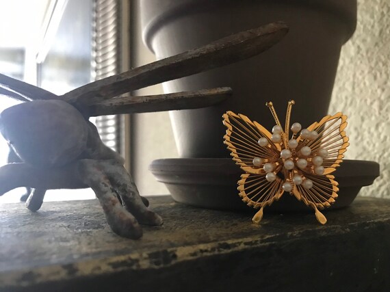 Vintage MONET Butterfly Brooch Pin faux pearl acc… - image 1