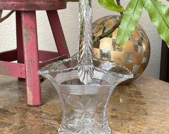 Pretty 1950’s Etched Glass Basket 8 1/4” Tall Excellent Condition