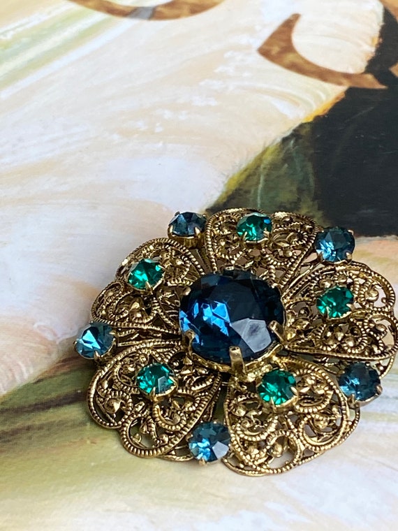 Antique Czech Rhinestone Gold Blue And Green Broo… - image 10