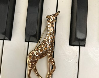 Vintage Giraffe Brooch Pin with Rhinestones And Golden Resin Filled Spots