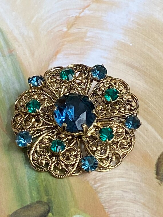 Antique Czech Rhinestone Gold Blue And Green Broo… - image 2