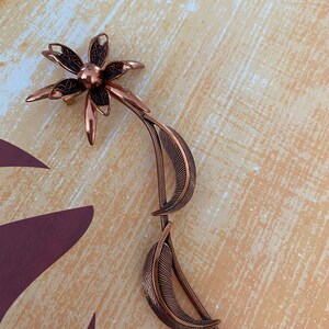 Vintage Multidimensional Long Stem Copper Flower Brooch Pin 4.5”
