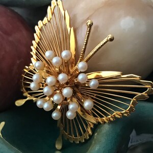 Vintage MONET Butterfly Brooch Pin faux pearl accents image 8