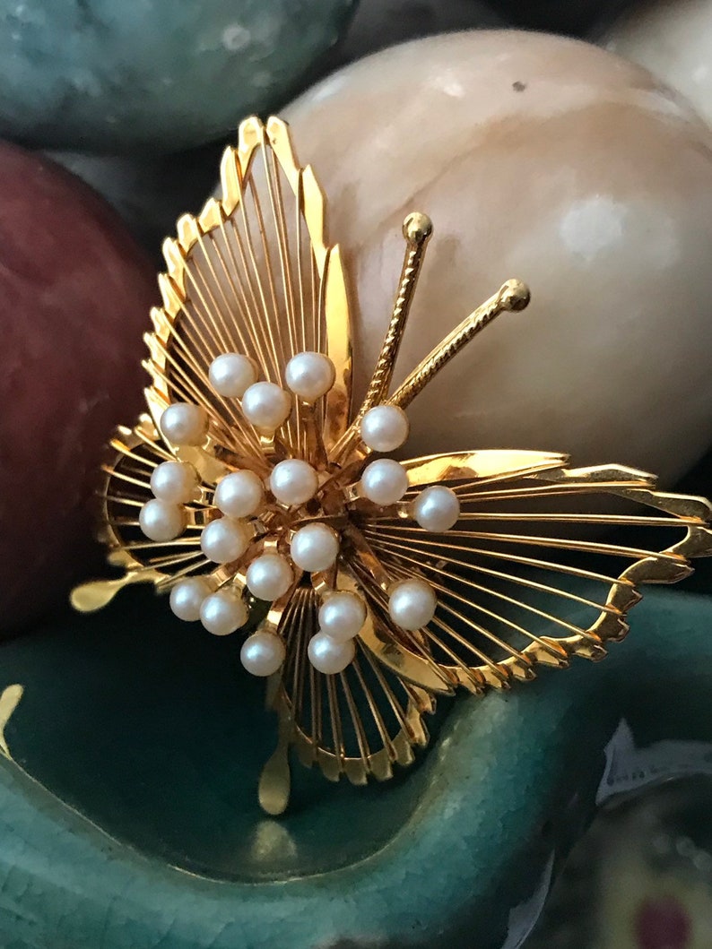 Vintage MONET Butterfly Brooch Pin faux pearl accents image 8