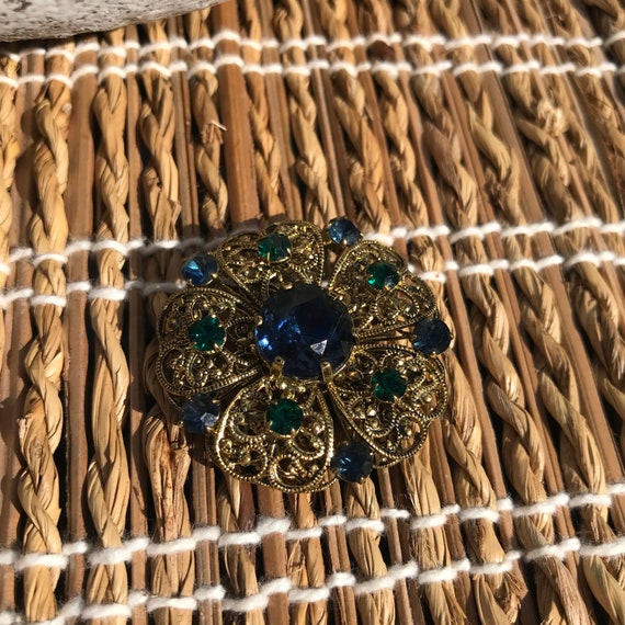 Antique Czech Rhinestone Gold Blue And Green Broo… - image 7