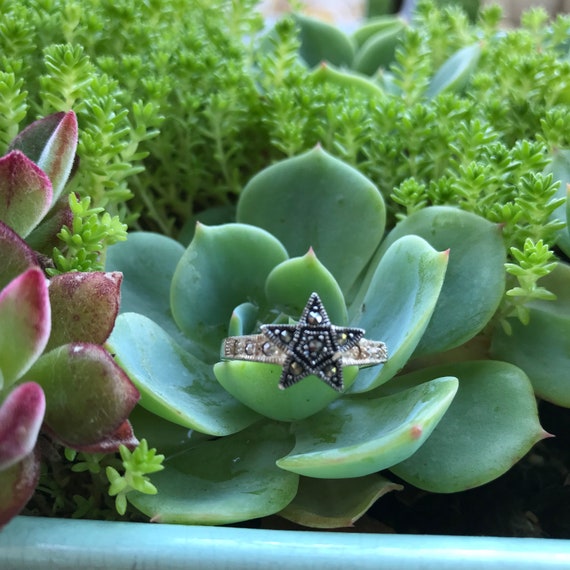 Silver Marcasite & Rhinestone Star Ring - image 1