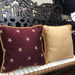 Vintage Burgundy and Gold Stars Corded Holiday Accent Pillows 9” Square