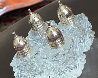 Four Vintage 1960’s F B Rogers Silver Company  Crystal Silverplate Mini Salt and Pepper Shakers