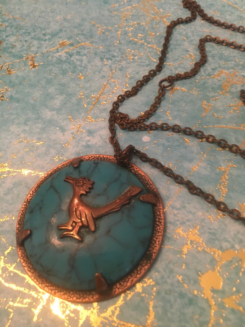 Vintage copper faux turquoise with roadrunner tourist necklace southwestern 22\u201d chain