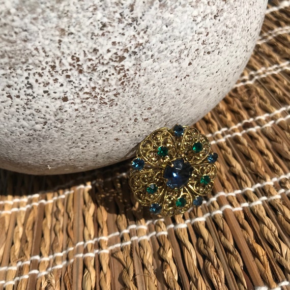 Antique Czech Rhinestone Gold Blue And Green Broo… - image 6