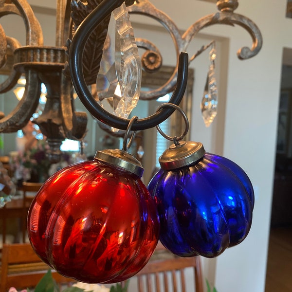 One Vintage Kugel Glass Christmas Ornament Red or Blue 3” x 4” Pumpkin Shaped 6 Available