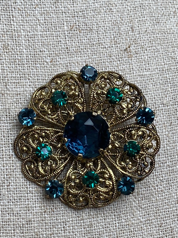 Antique Czech Rhinestone Gold Blue And Green Broo… - image 5