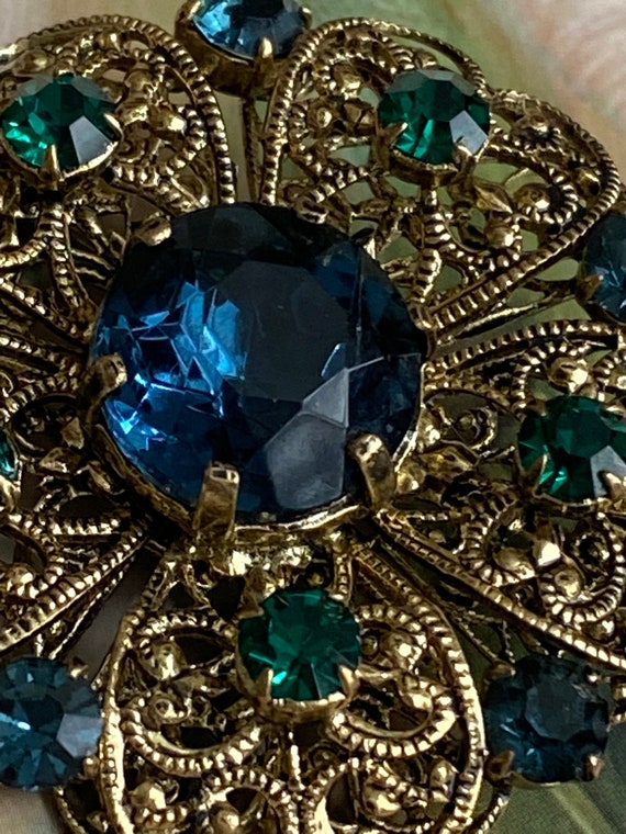 Antique Czech Rhinestone Gold Blue And Green Broo… - image 8