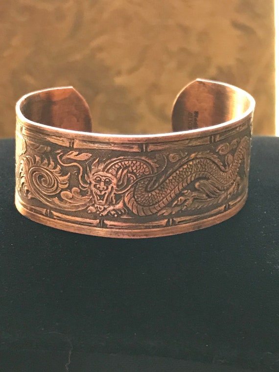 Vintage Etched Asian Dragon Copper Cuff Bracelet - image 1