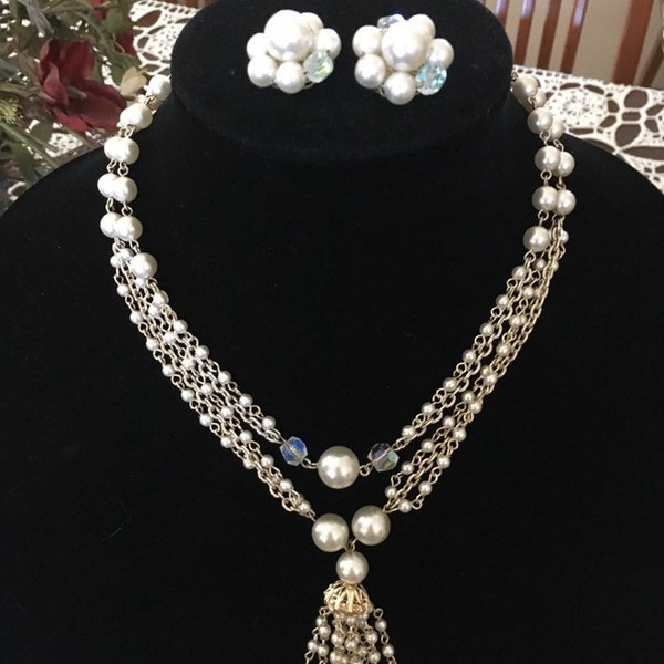 Vintage Japan Marked Tassell Necklace and Earring Set GoldTone and Faux Pearls  With Crystal Accents