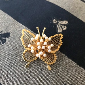 Vintage MONET Butterfly Brooch Pin faux pearl accents image 3