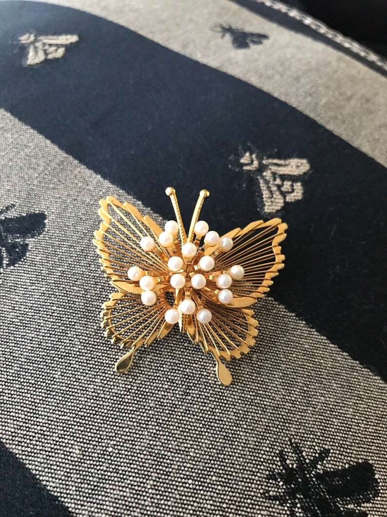 Vintage MONET Butterfly Brooch Pin faux pearl accents image 3