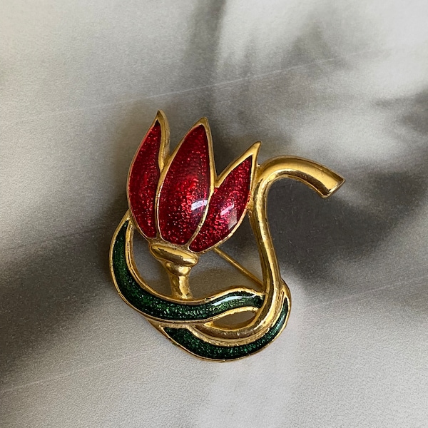 Vintage Marked SFJ Tulip Red and Green on Goldtone Little Pin 1 1/4” Great Condition